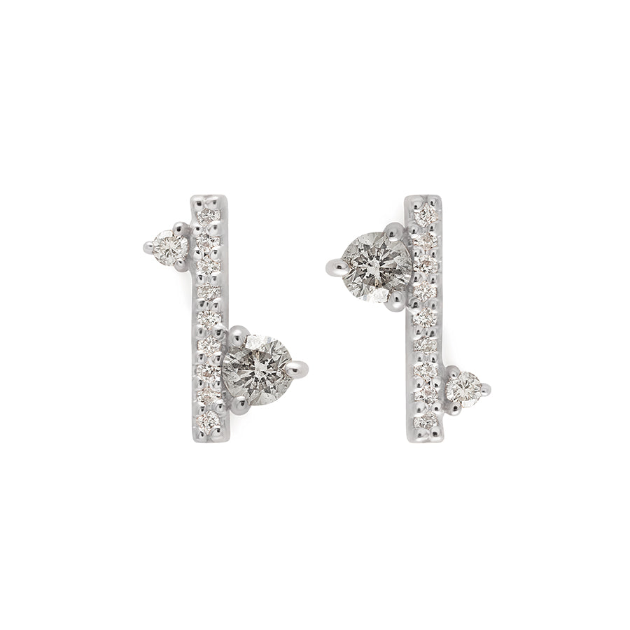 A pair of straight line of white diamond pave with grey diamond accent stones on either side earrings set in white gold., White Gold