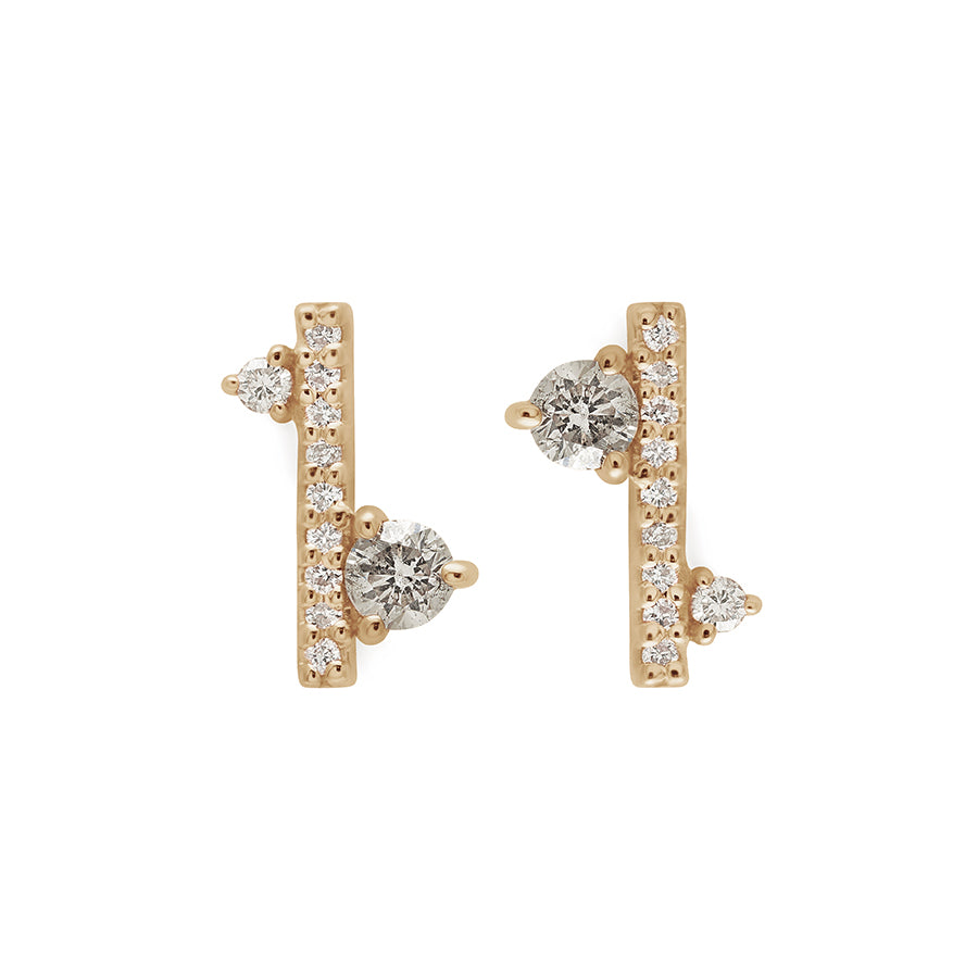 A pair of straight line of white diamond pave with grey diamond accent stones on either side earrings set in yellow gold., Yellow Gold