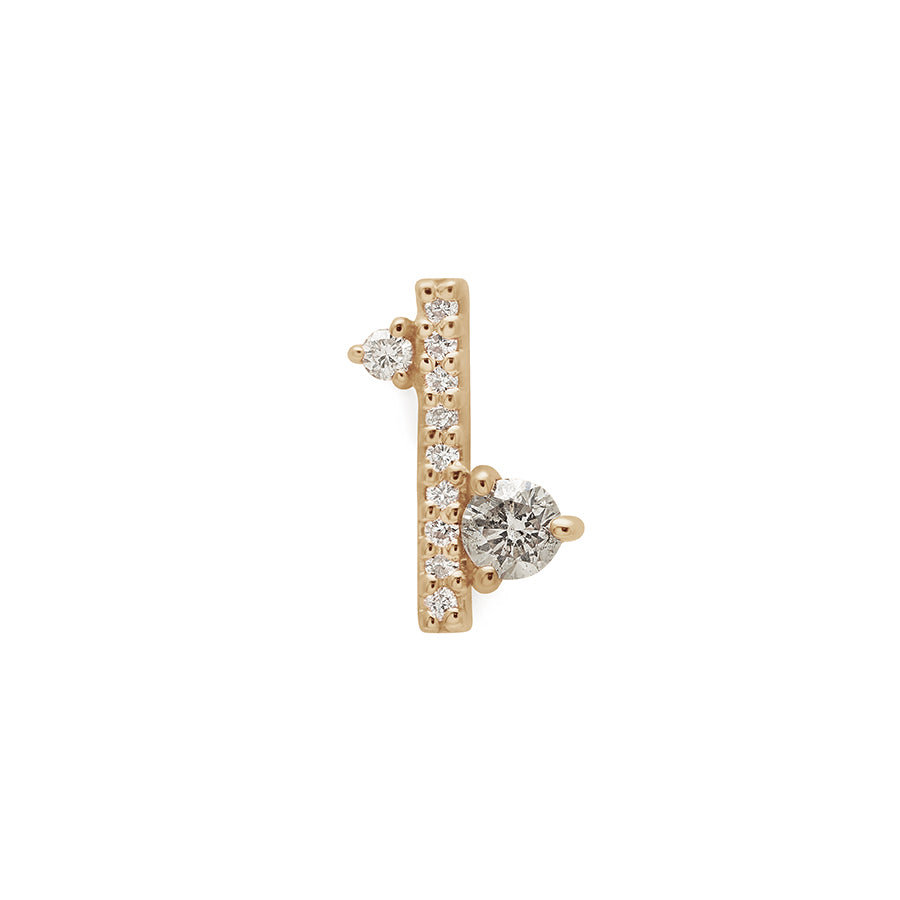 A single straight line of white diamond pave with grey diamond accent stones on either side earring set in yellow gold., Yellow Gold