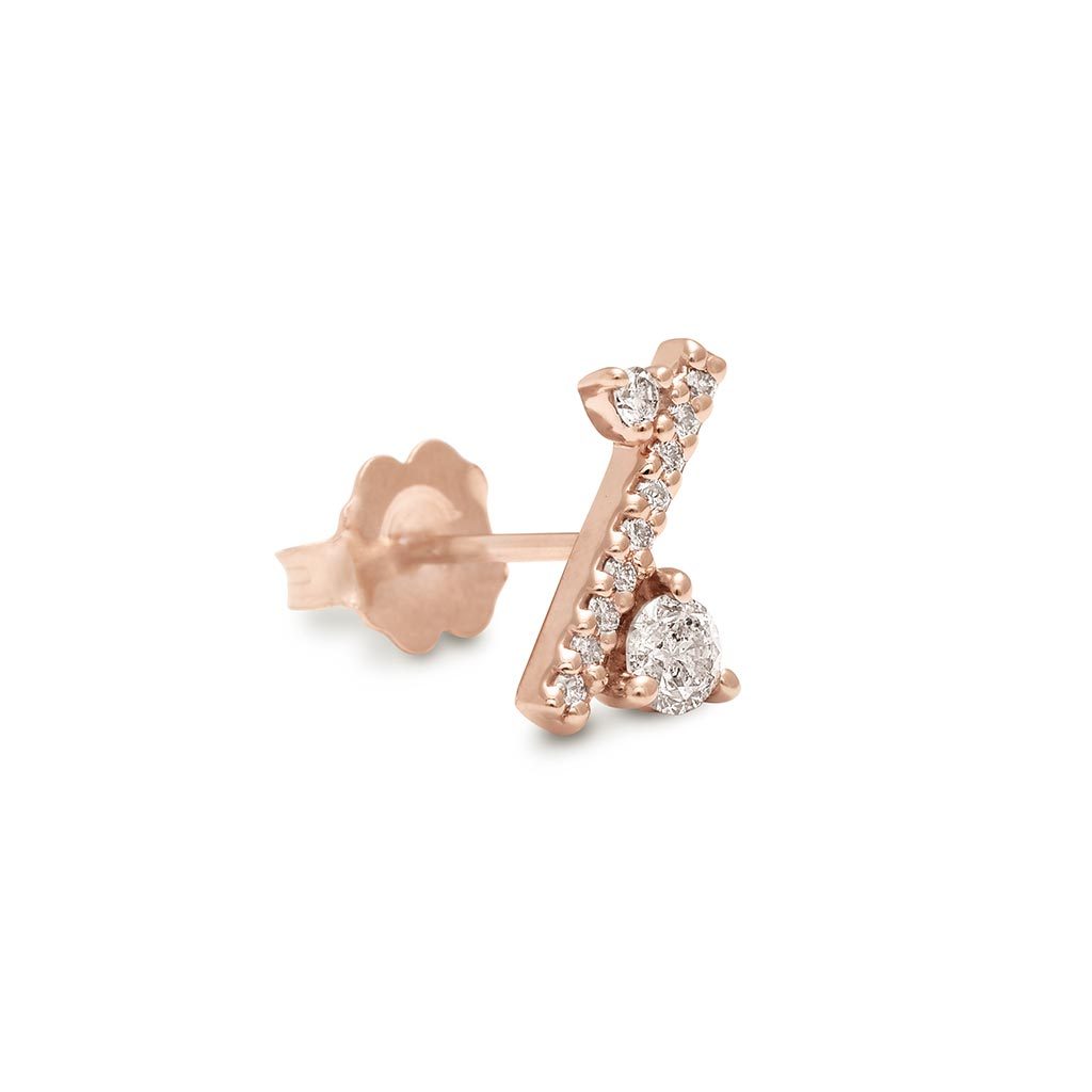 An angled view of a single straight line of white diamond pave with grey diamond accent stones on either side earring set in rose gold., Rose Gold