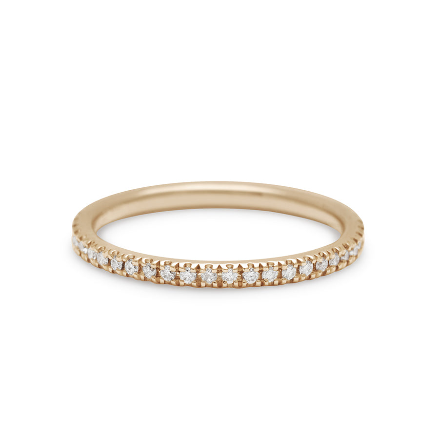A straight band with white diamond pave 3/4 of the way around the band set in yellow gold., Yellow Gold