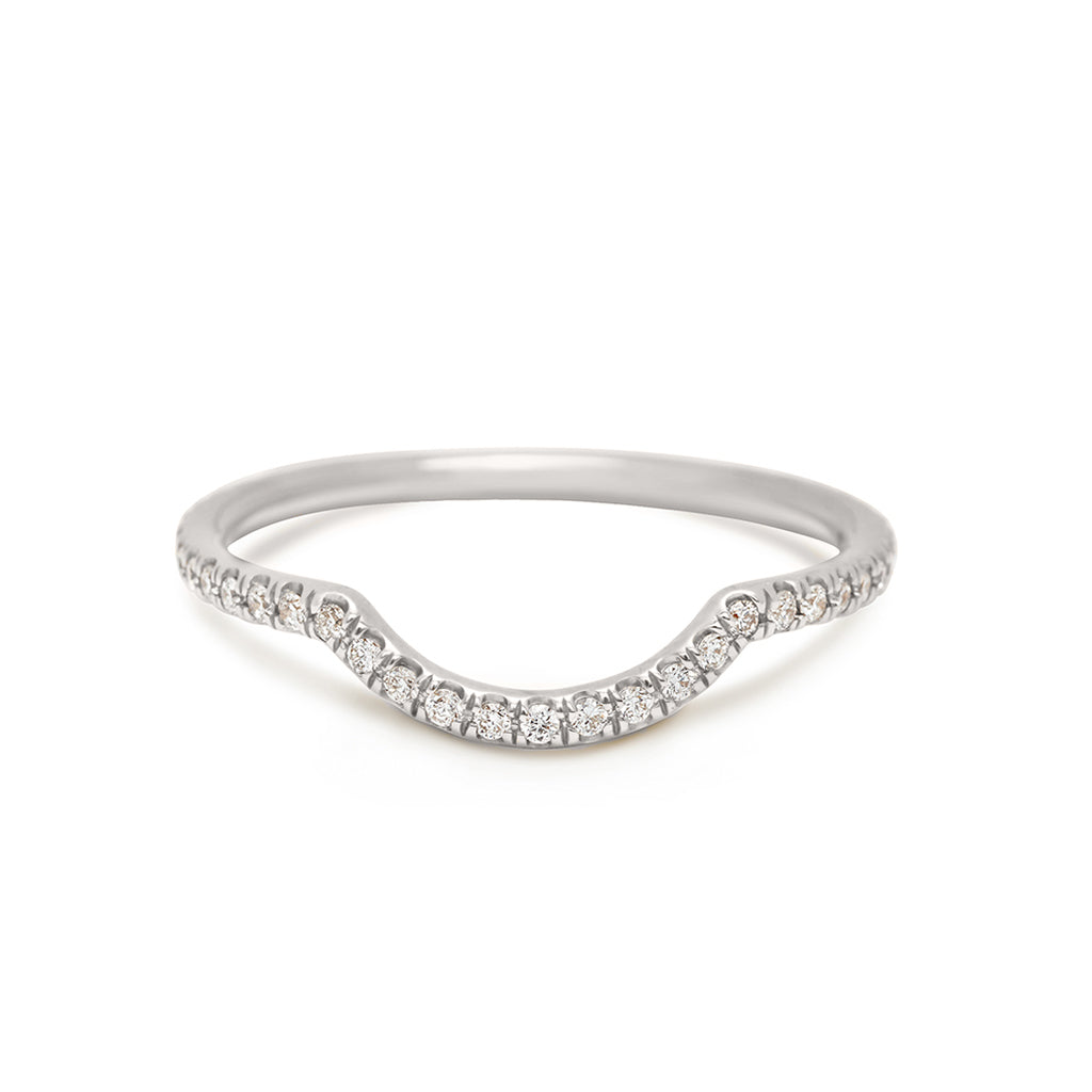 A white diamond scalloped band with dusted white diamond around the band set in white gold., White Gold