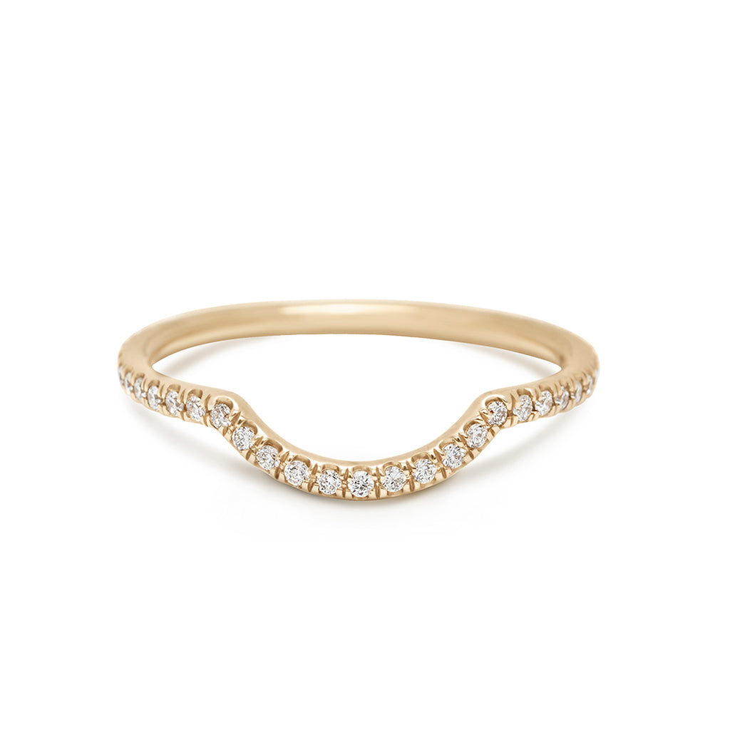 A white diamond scalloped band with dusted white diamond around the band set in yellow gold., Yellow Gold