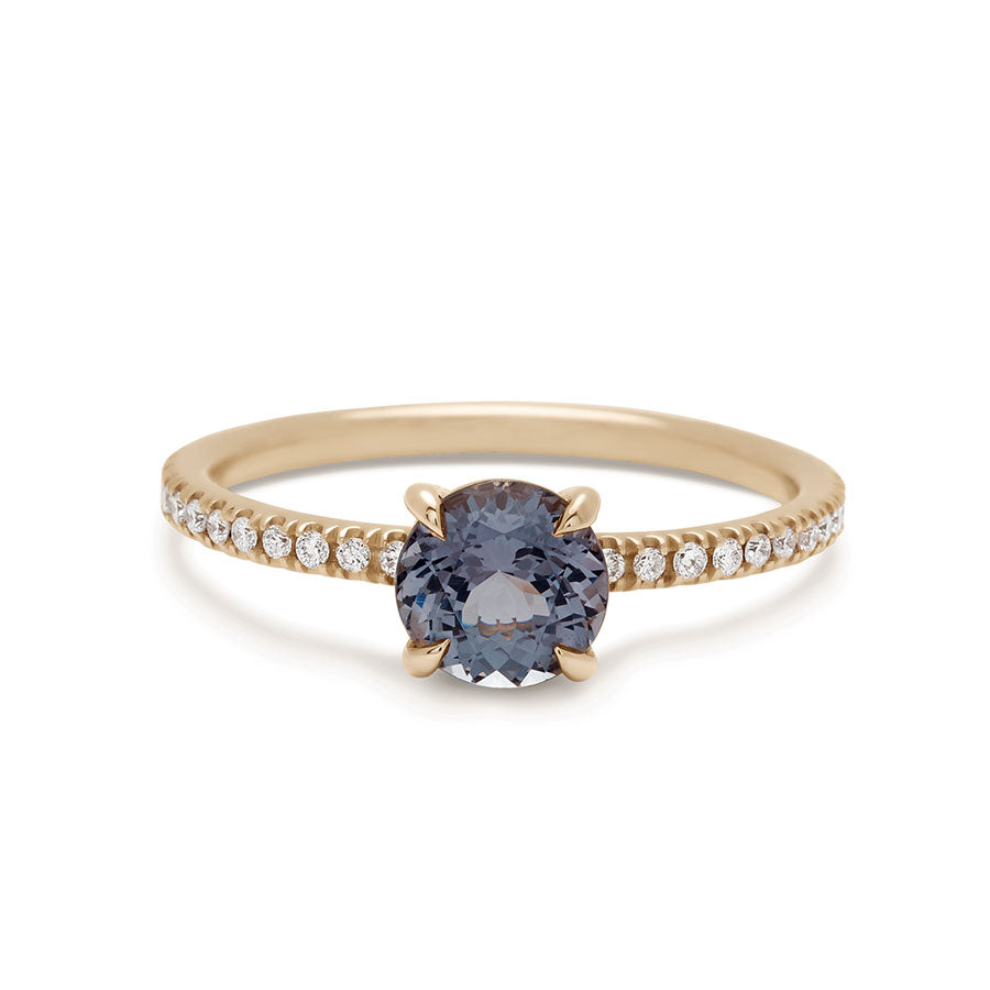 A solitaire round grey spinel ring with claw prongs with white diamond pave on the band set in yellow gold., Yellow Gold