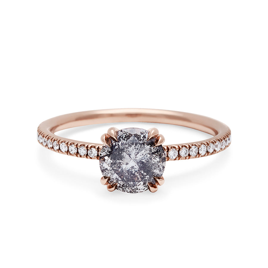 A solitaire round 1.00ct galaxy grey diamond ring with double claw prongs with white diamond pave on the band set in rose gold., Rose Gold