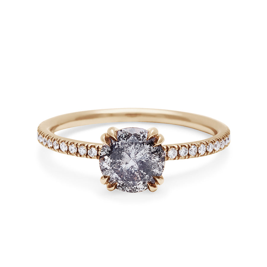 A solitaire round 1.00ct galaxy grey diamond ring with double claw prongs with white diamond pave on the band set in yellow gold., Yellow Gold