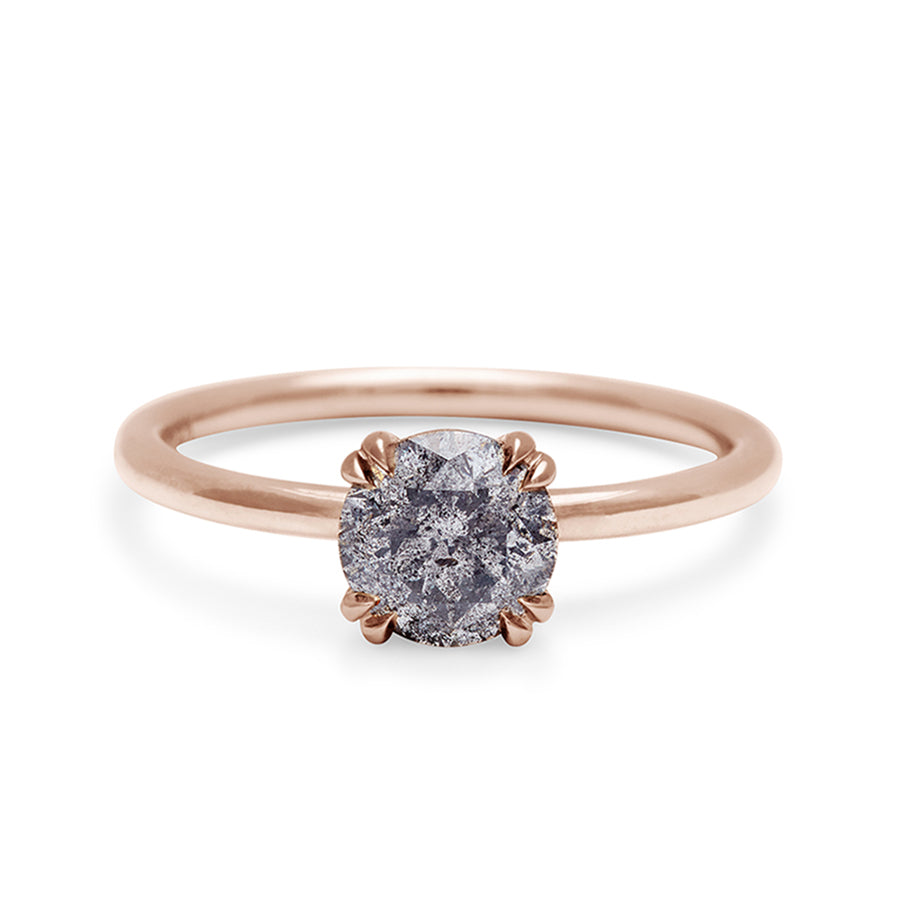 A solitaire round 1.00ct grey diamond ring with double claw prongs set in rose gold., Rose Gold
