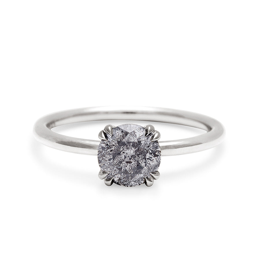 A solitaire round 1.00ct grey diamond ring with double claw prongs set in white gold., White Gold