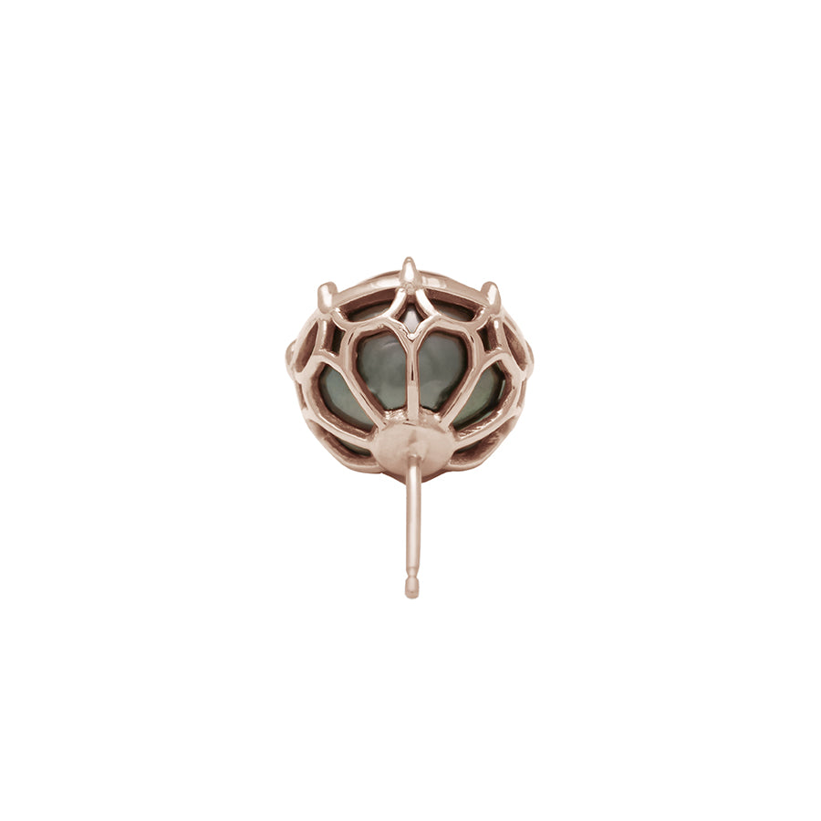 Upside down view of a single peacock pearl stud set in rose gold.