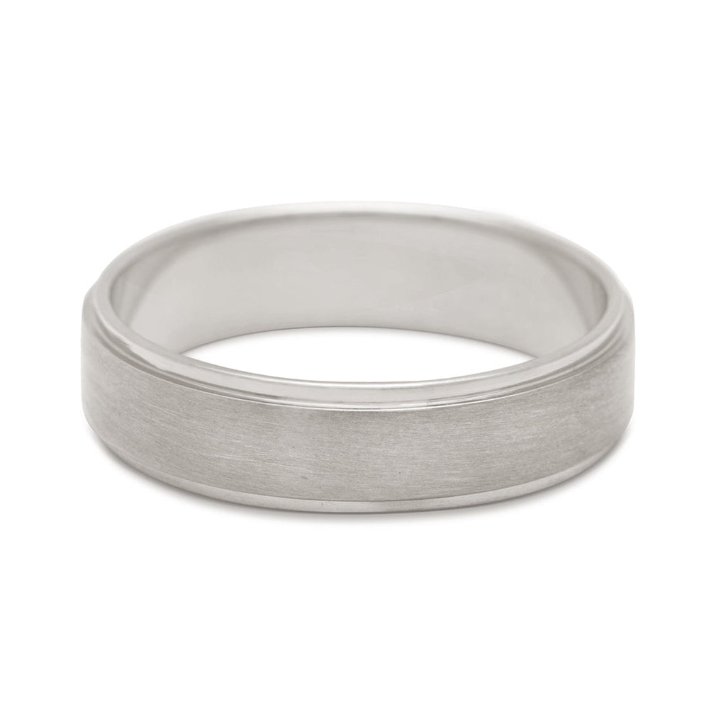 A 5mm flat edge band with brushed finished set in white gold., White Gold