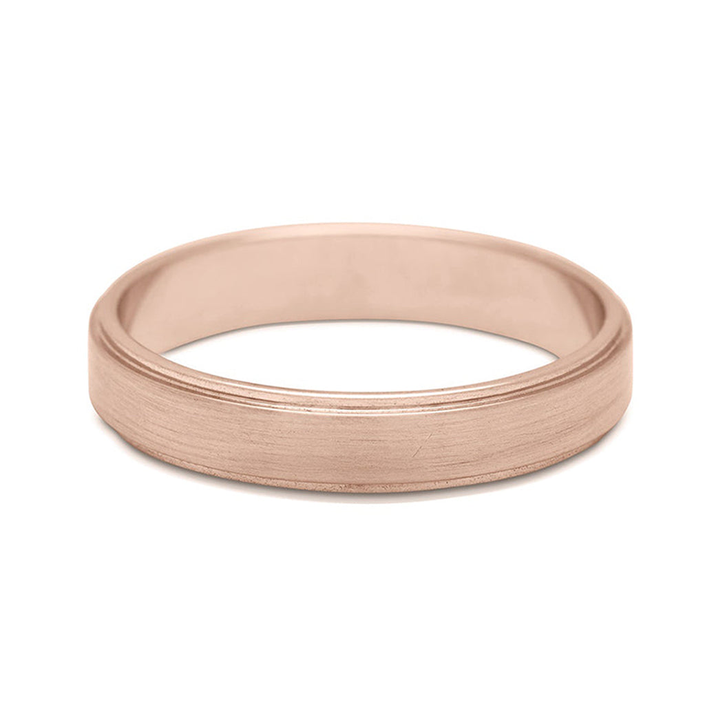 A 4mm flat edge band with a brushed finish set in rose gold., Rose Gold