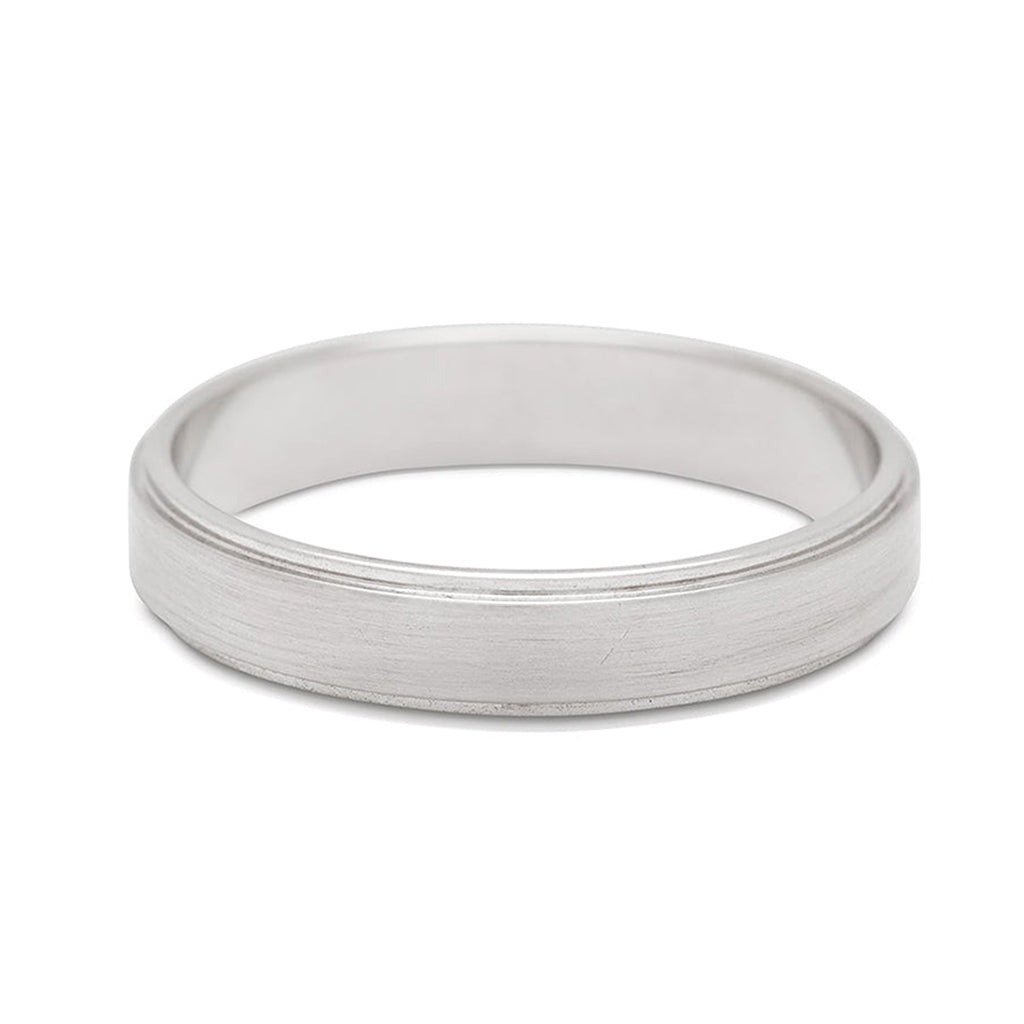 A 4mm flat edge band with a brushed finish set in white gold., White Gold
