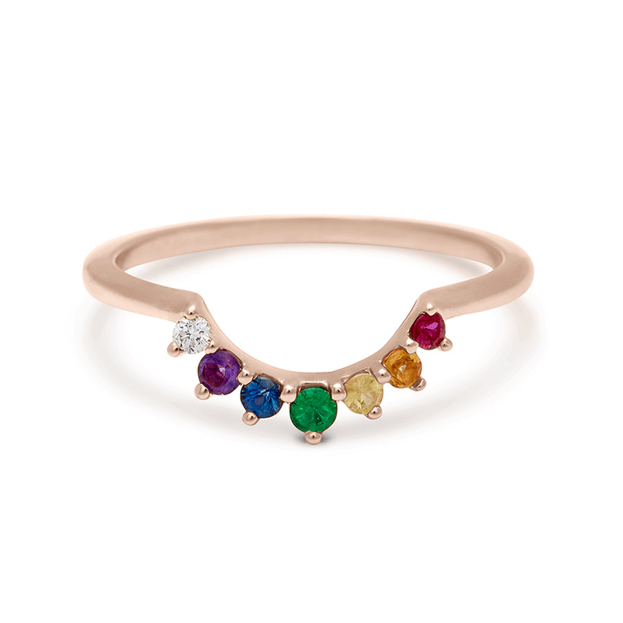 A curved 7 rainbow colored gemstones band set in rose gold., Rose Gold