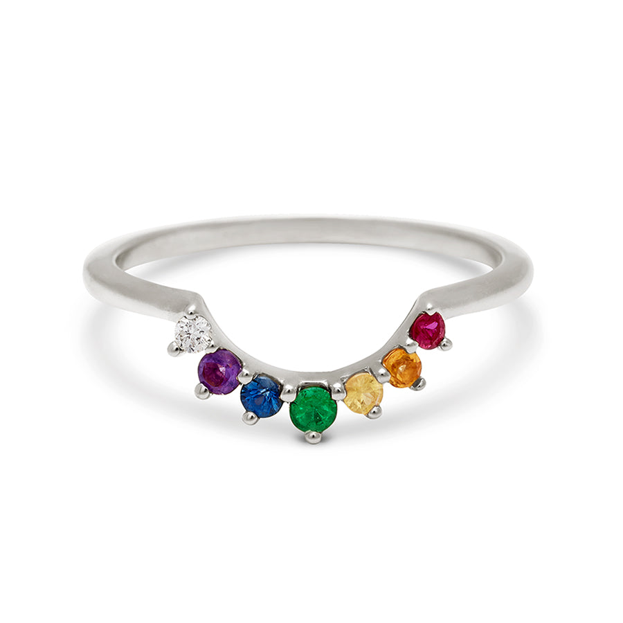 A curved 7 rainbow colored gemstones band set in white gold., White Gold