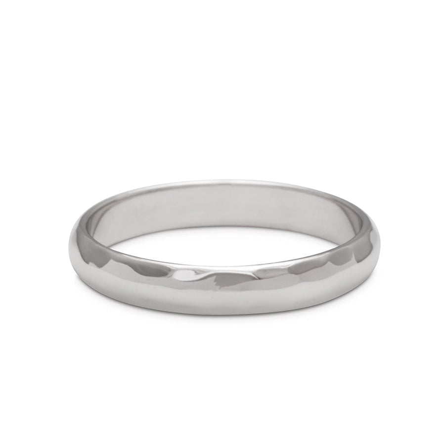 A 3mm classic round band with hammered finish set in white gold., White Gold, Hammered