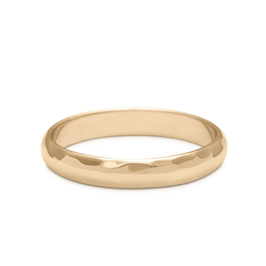 A 3mm classic round band with hammered finish set in yellow gold., Yellow Gold, Hammered