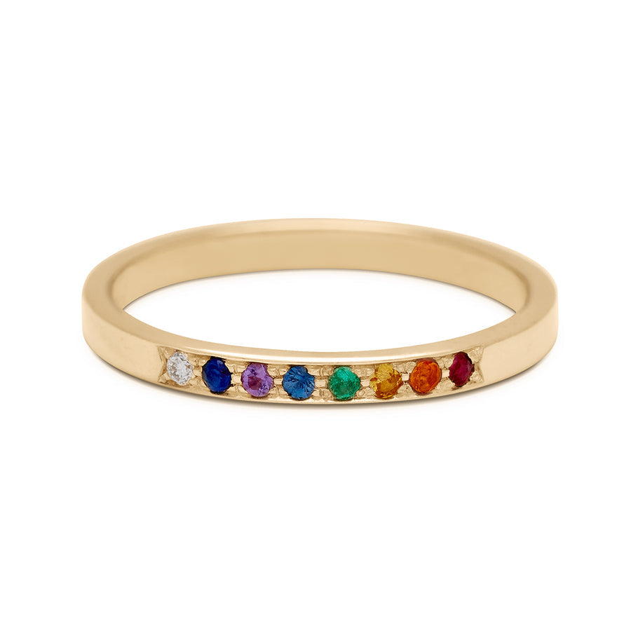 A 1.5mm band with rainbow gemstones set in yellow gold.