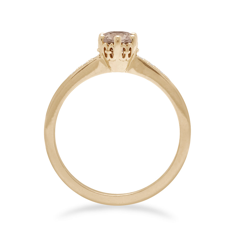 Side view of a solitaire ring with a brilliant cut 0.50ct champagne diamond with white diamond pave on either side set in yellow gold., Yellow Gold