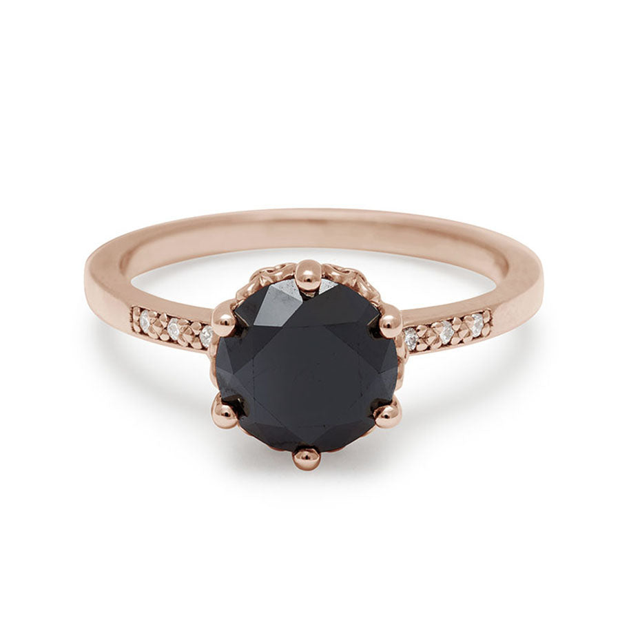 A solitaire ring with a round 1.50ct black diamond with white diamond pave on either side set in rose gold., Rose Gold