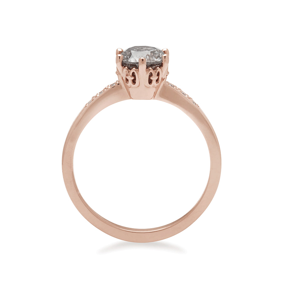 Side view of a solitaire ring with a 1.00ct round galaxy grey diamond with white diamond pave on either side set in rose gold., Rose Gold
