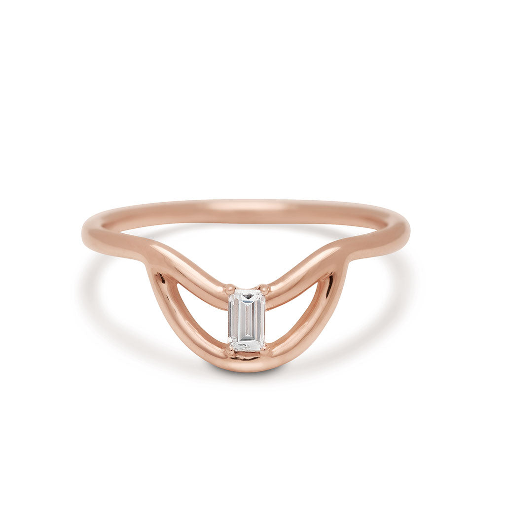 A helios band with a white diamond baguette set in rose gold., Rose Gold