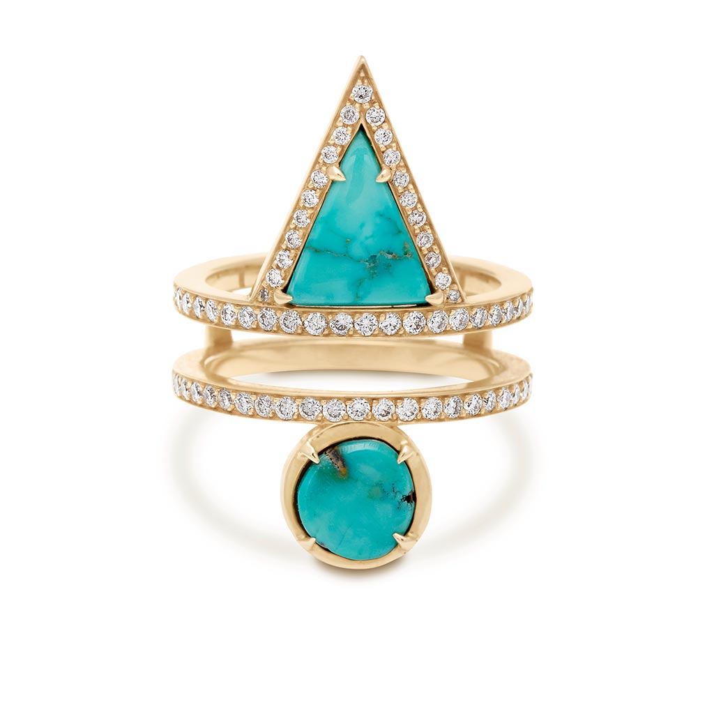 A double banded ring with white diamond pave around both bands with a triangle turquoise stone on the top and a round turquoise stone set in bezel with claw prongs in yellow gold.