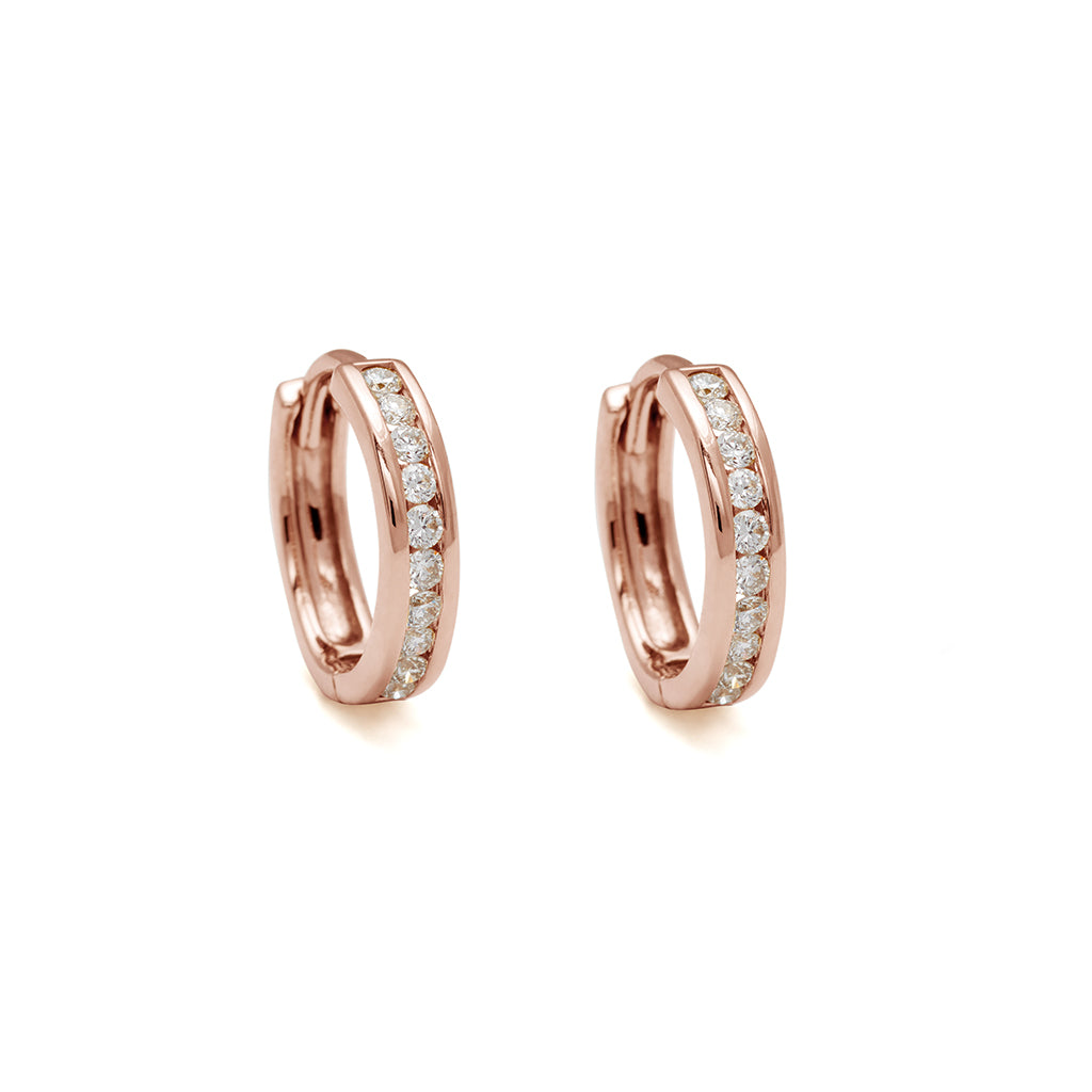 A pair of hoops with a line of white diamonds set in rose gold., Rose Gold