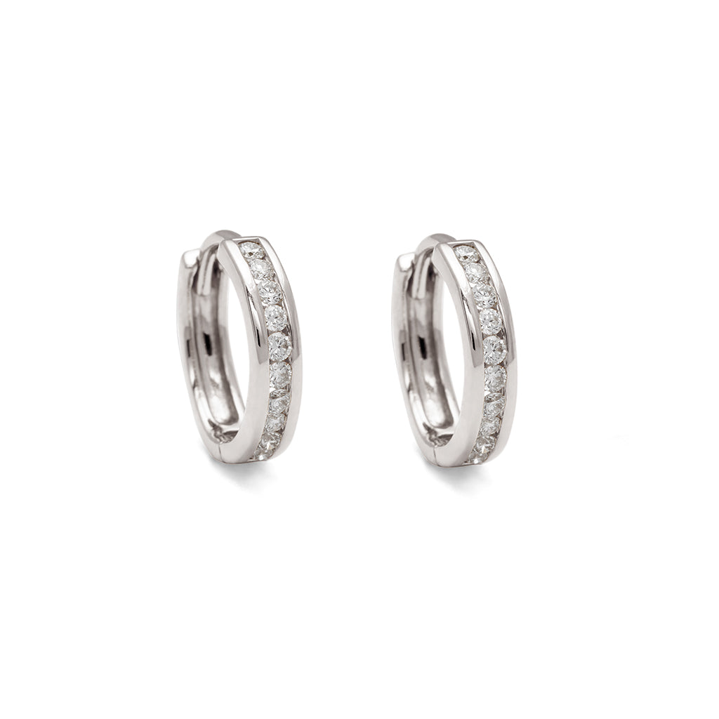 A pair of hoops with a line of white diamonds set in white gold., White Gold
