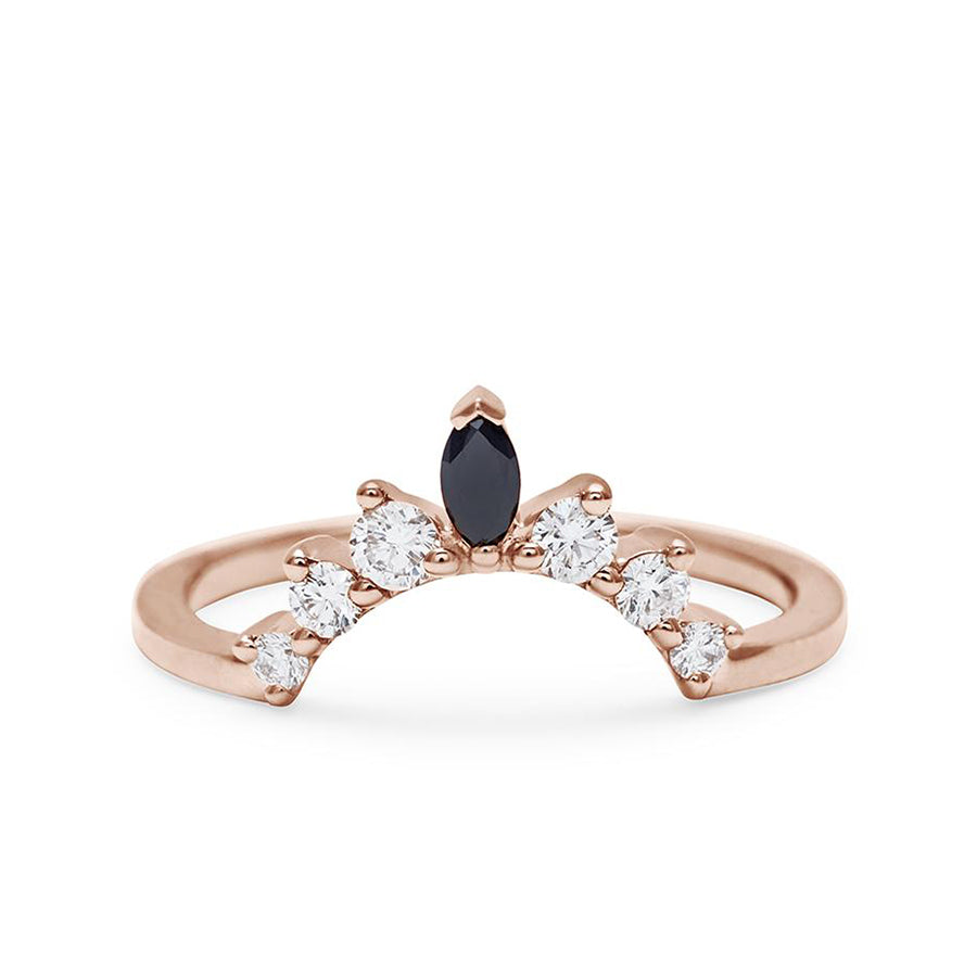 A curved band with three round white diamonds on either side of a marquise black diamond set in rose gold., Rose Gold