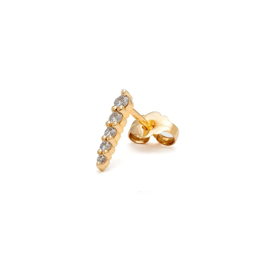 A single five grey diamond pointe earring stud set in yellow gold.
