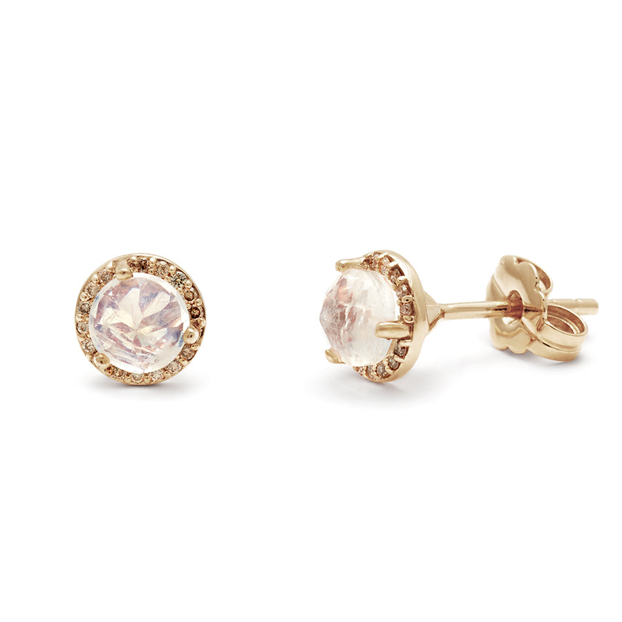 A pair of medium rainbow moonstone center stone earrings with a halo of champagne diamond set in yellow gold one earring angled.