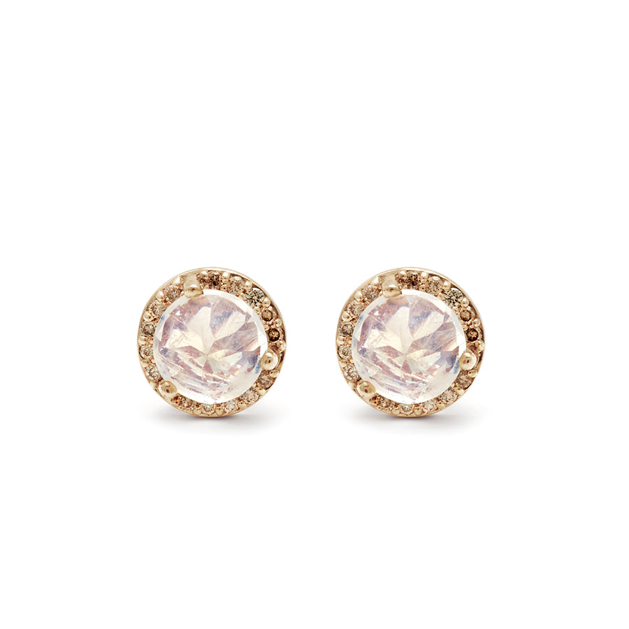 A pair of medium rainbow moonstone center stone earrings with a halo of champagne diamond set in yellow gold., Yellow Gold