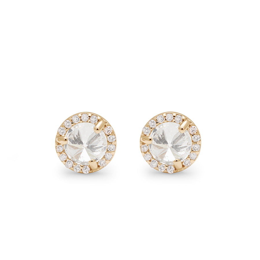 A pair of medium white diamond center stone earrings with a halo of white diamonds set in yellow gold., Yellow Gold