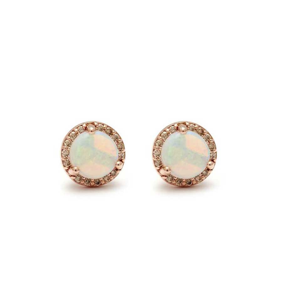 A pair of medium opal center stone earrings with a halo of champagne diamond set in rose gold., Rose Gold