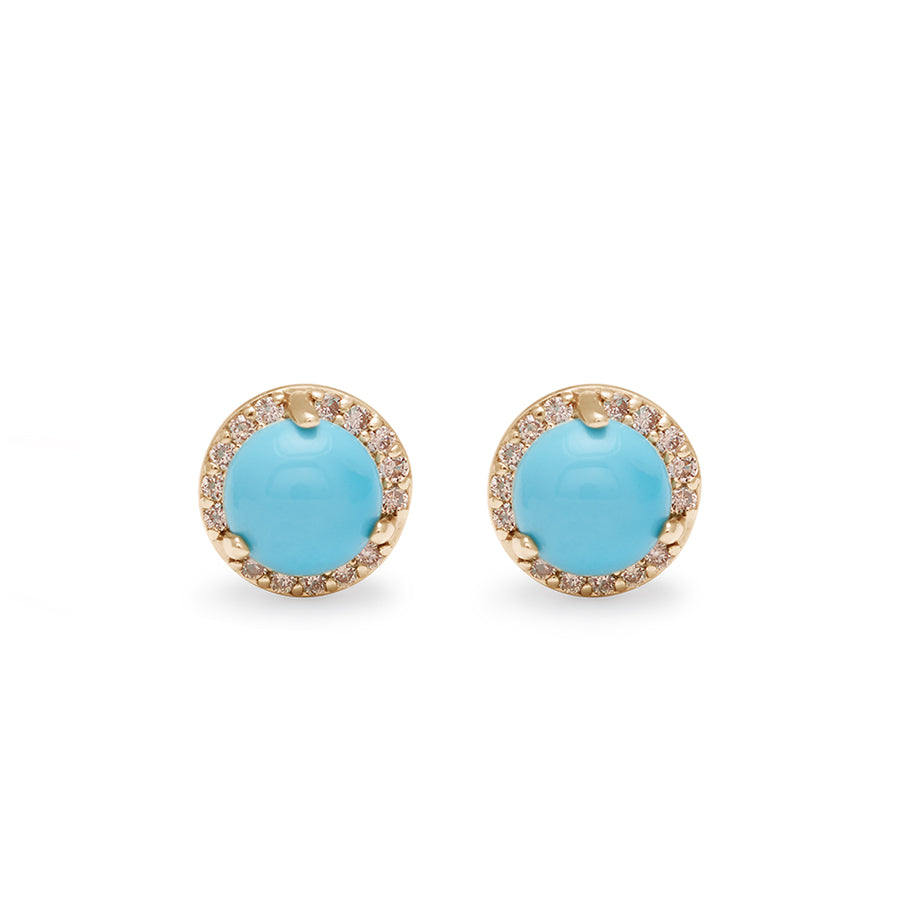 A pair of medium turquoise center stone earrings with a halo of champagne diamond set in yellow gold., Yellow Gold