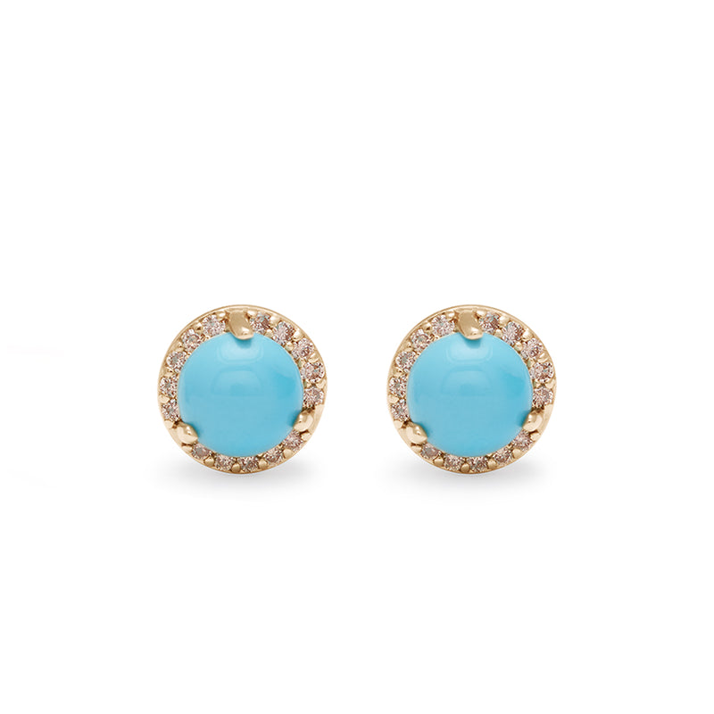 A pair of medium turquoise center stone earrings with a halo of champagne diamond set in yellow gold., Yellow Gold