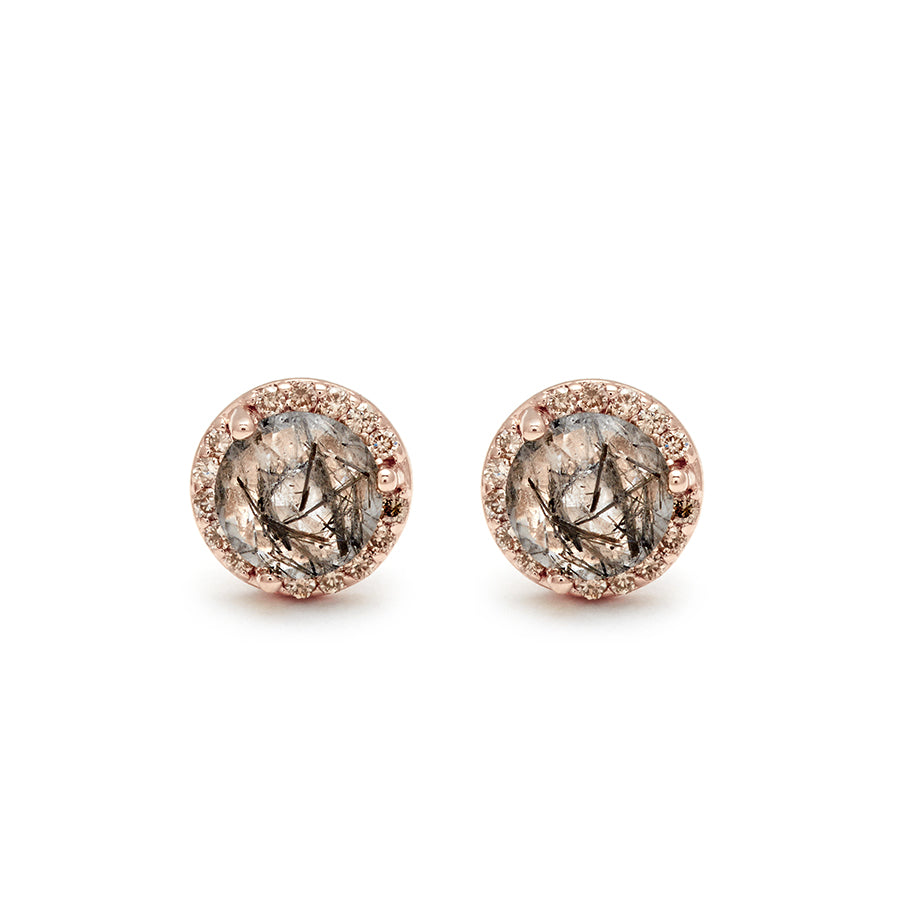 A pair of medium black rutilated quartz center stone earrings with a halo of champagne diamond set in rose gold., Rose Gold