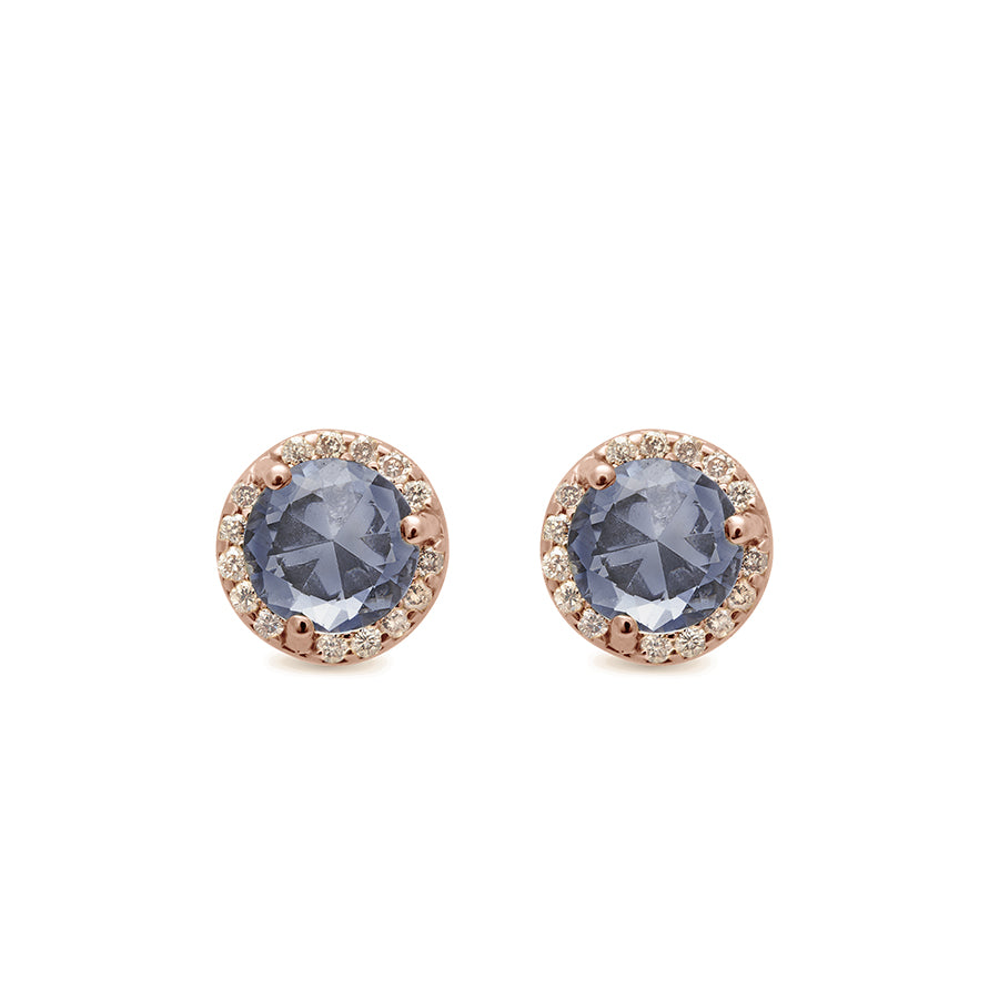 A pair of medium grey spinel center stone earrings with a halo of champagne diamond set in rose gold., Rose Gold