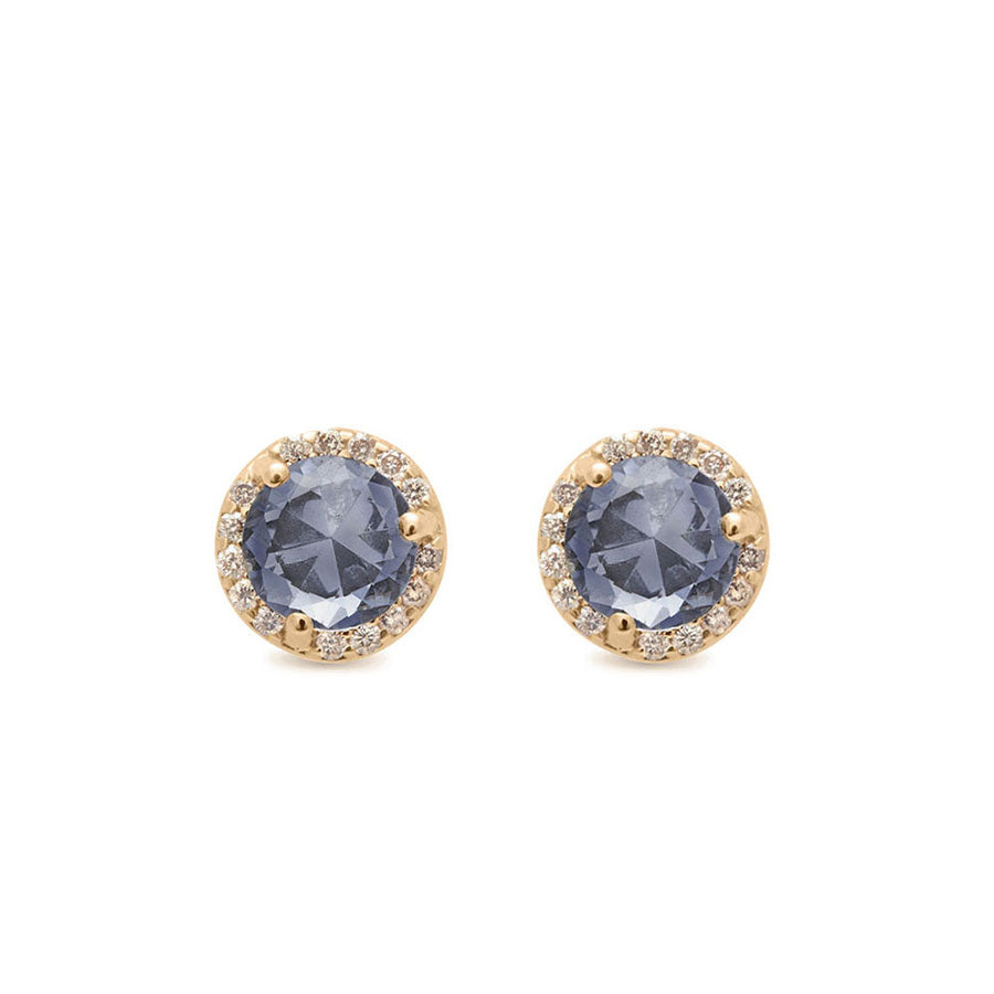 A pair of medium grey spinel center stone earrings with a halo of champagne diamond set in yellow gold., Yellow Gold