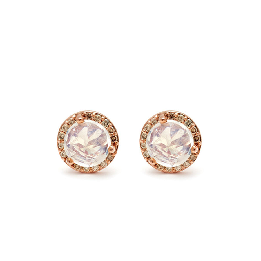 A pair of medium rainbow moonstone center stone earrings with a halo of champagne diamond set in rose gold., Rose Gold