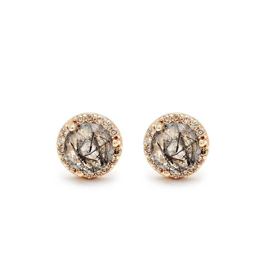 A pair of medium black rutilated quartz center stone earrings with a halo of champagne diamond set in yellow gold., Yellow Gold