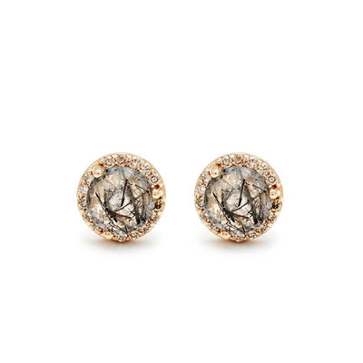 Rosette Stud Earring (Medium) - 14k Gold, Black Rutilated Quartz & Champagne Diamond