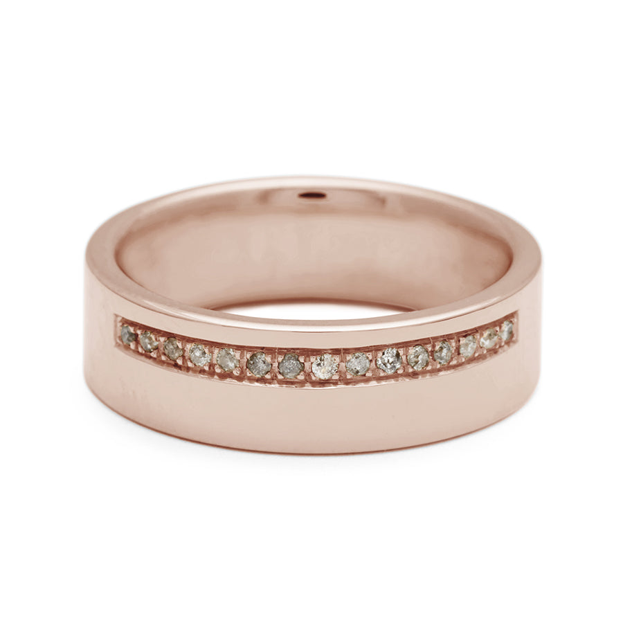 A 6mm flat band with a line of grey diamonds set in rose gold., Rose Gold