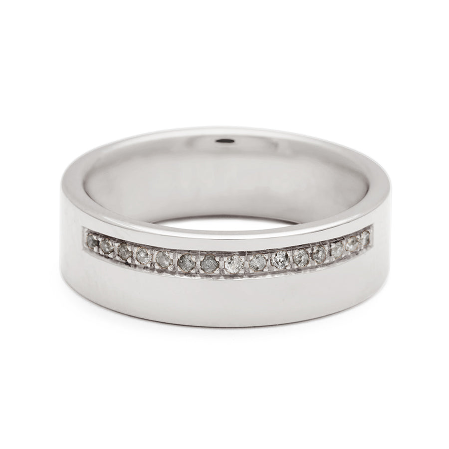 A 6mm flat band with a line of grey diamonds set in white gold., White Gold