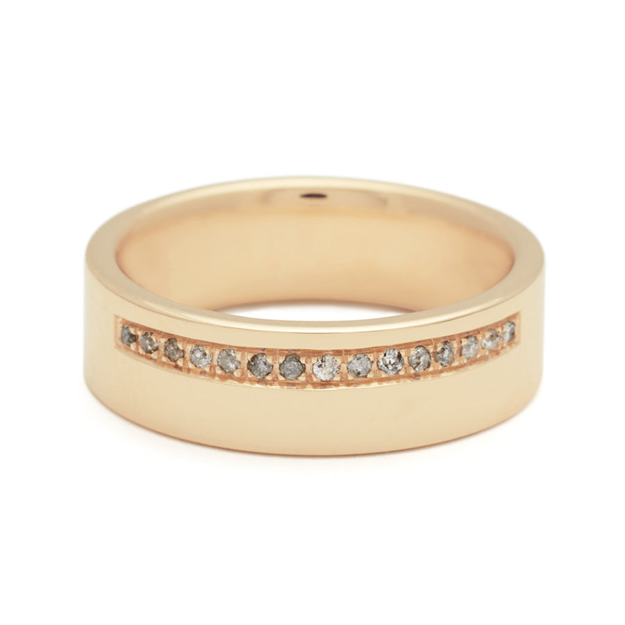 A 6mm flat band with a line of grey diamonds set in yellow gold., Yellow Gold