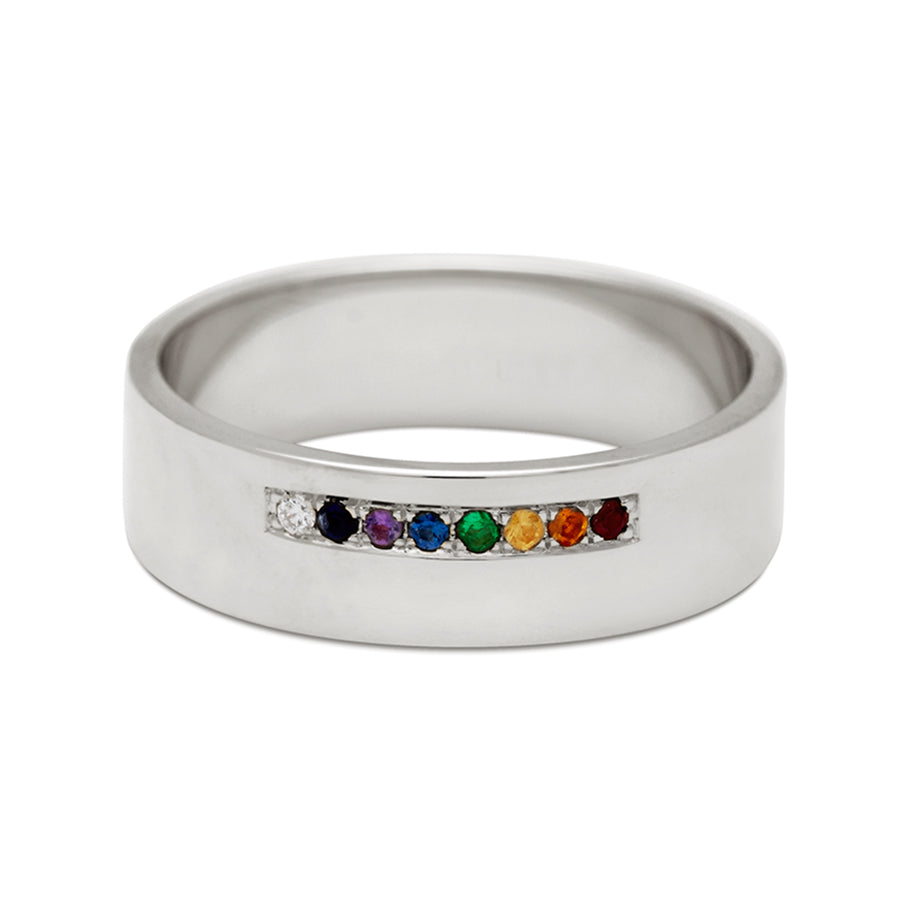 A 5mm flat band with a line of rainbow colored stones set in white gold., White Gold