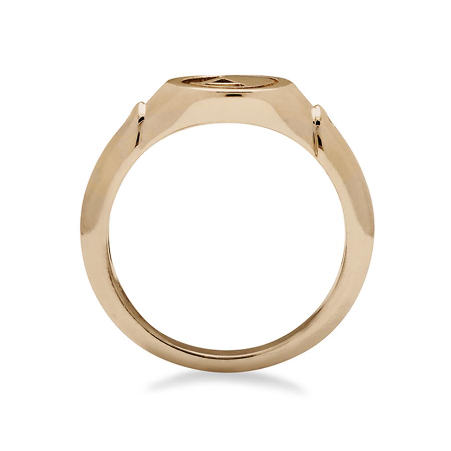 Side view of a monogrammed signet ring with an "A" on the front and two white diamond accents on either side and set in yellow gold.