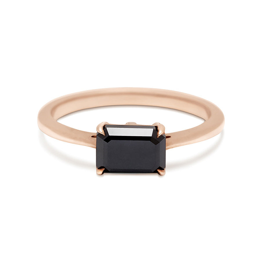 An east/west solitaire ring with an emerald shape black diamond stone set in rose gold., Rose Gold