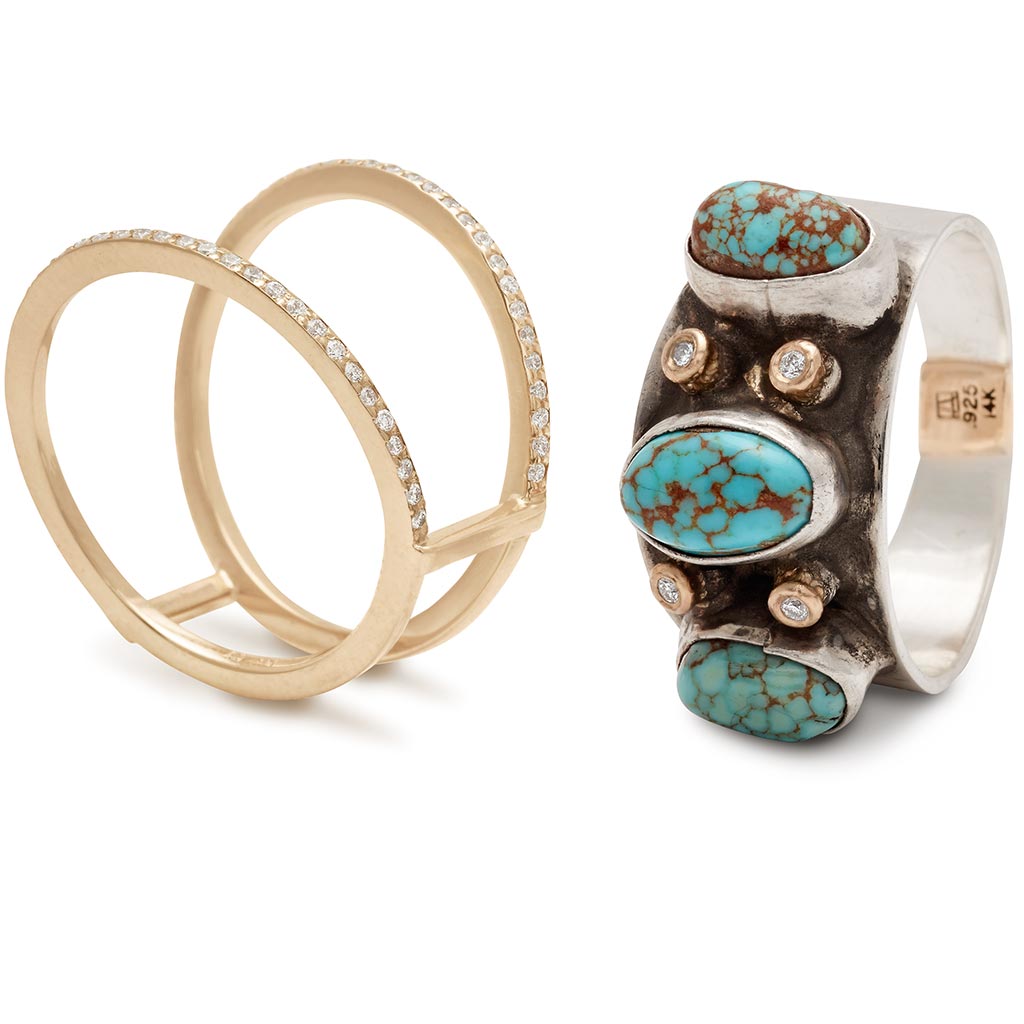 A one of a kind turquoise stone band with white diamond accent stones set in sterling silver next to a double banded accent band with white diamond pave and yellow gold.