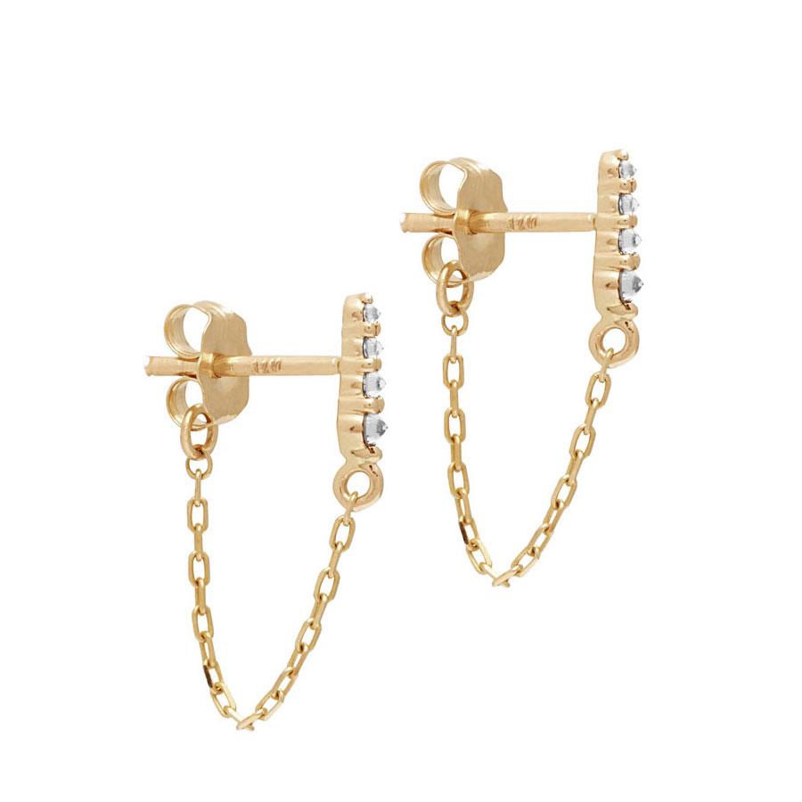 A pair of earrings with four white diamonds with a chain connecting to the ear back set in yellow gold., Yellow Gold
